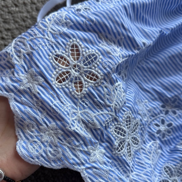 Rare Editions Light Blue Striped Floral Embroidered Dress with Satin Sash - Picture 3 of 5